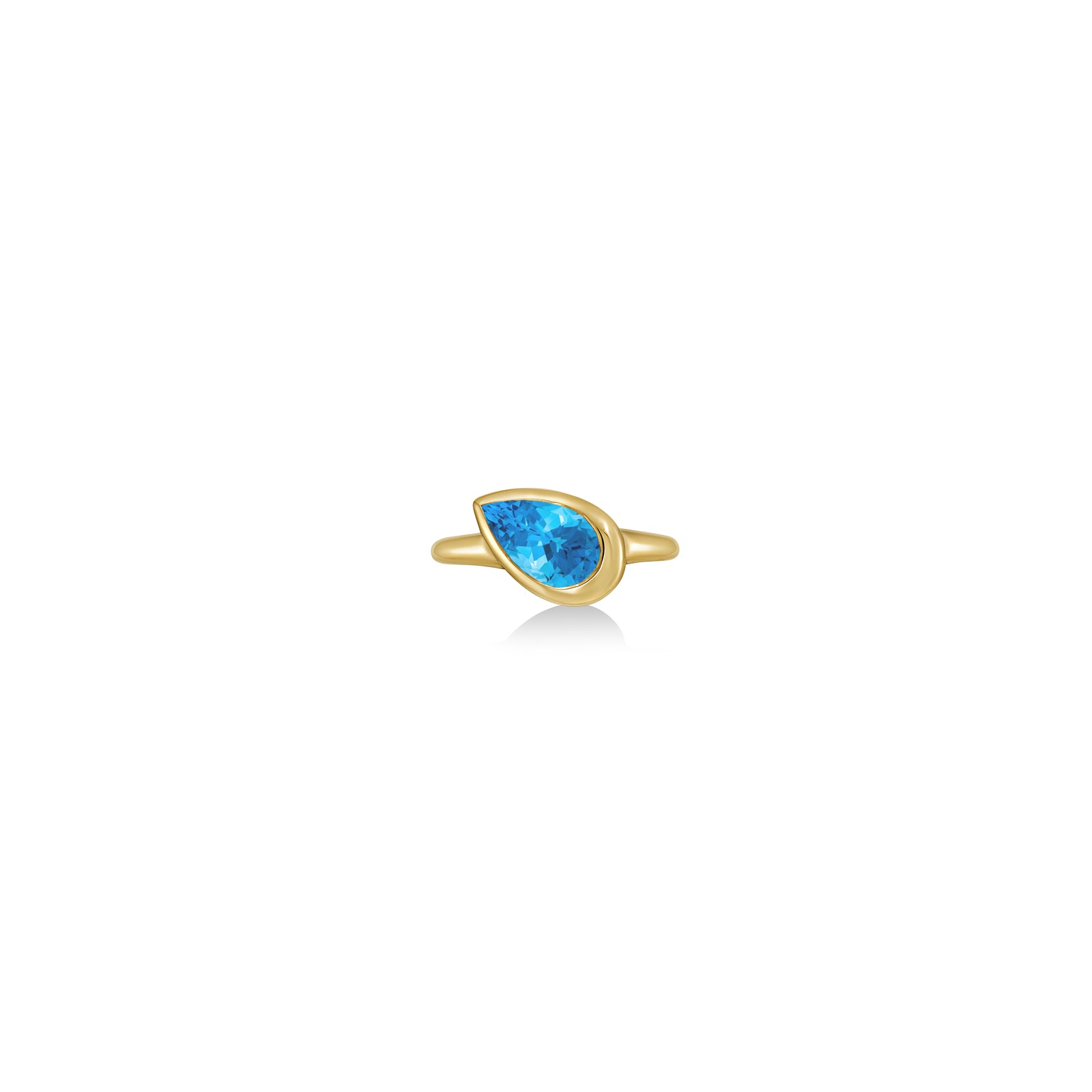 A 14k yellow gold molten solitaire ring with pear-shaped blue topaz on a white background.