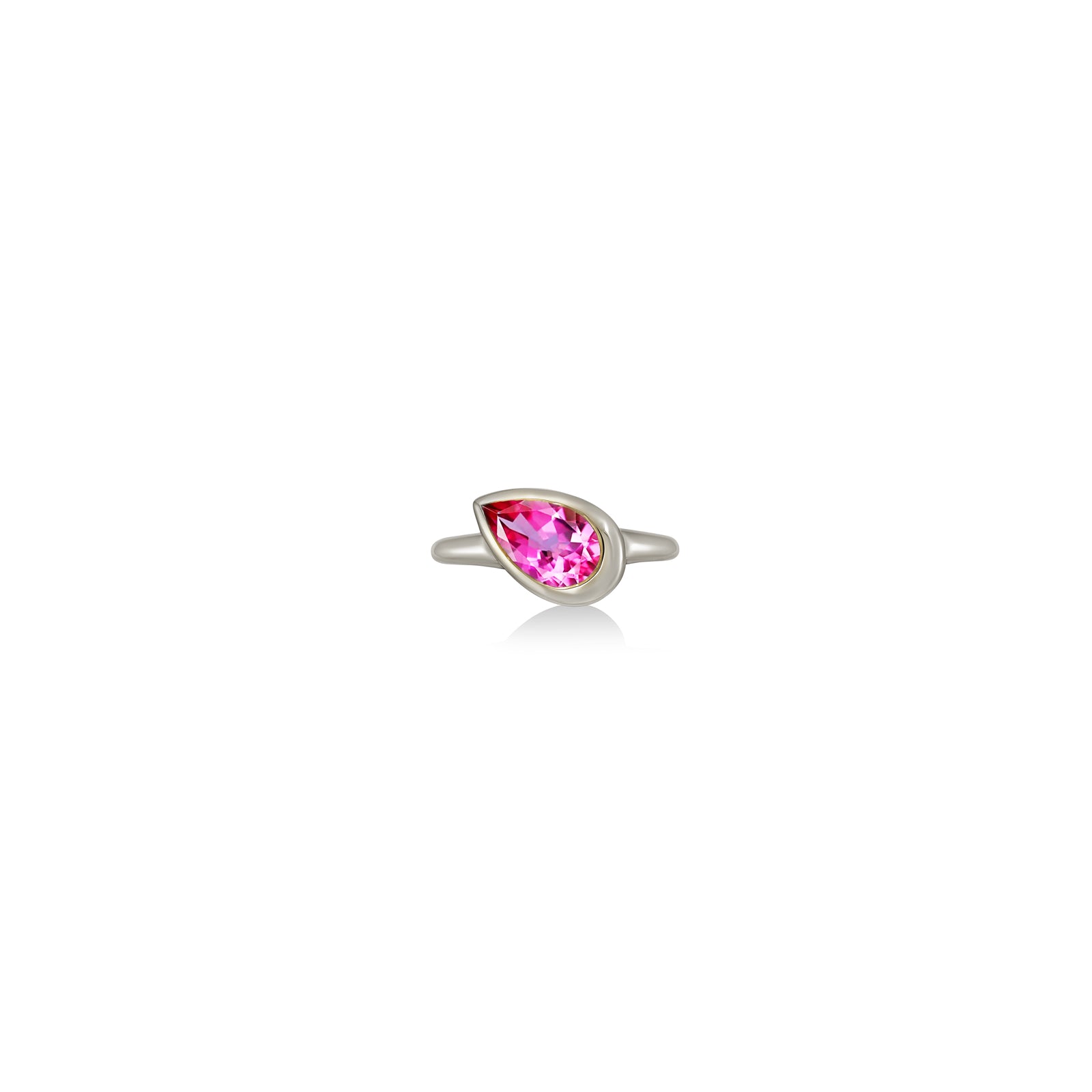 A 14K white gold pear shaped ring, with a bezel set faceted pink topaz gemstone, sits on a white background with drop shadow.