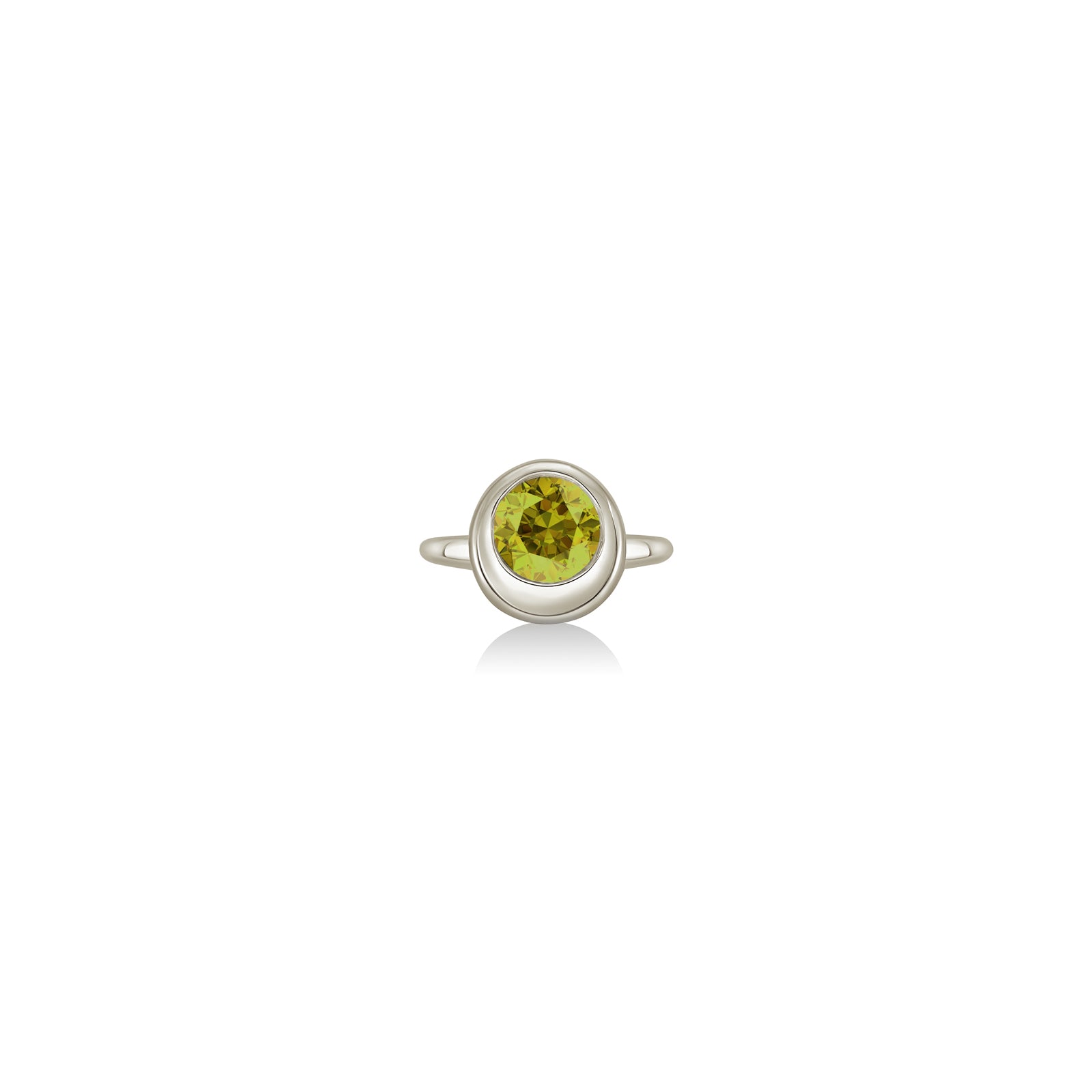 A 14K white gold round ring, with a bezel set faceted green tourmaline gemstone, sits on a white background with drop shadow.