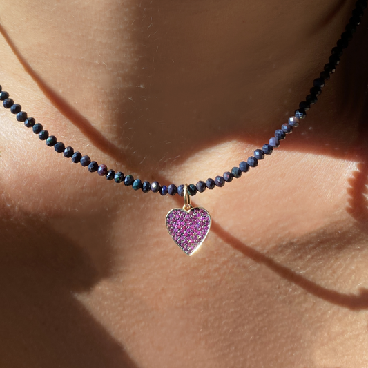 Medium Pavé Heart Charm with Ruby layered on a black spinel slim gemstone necklace