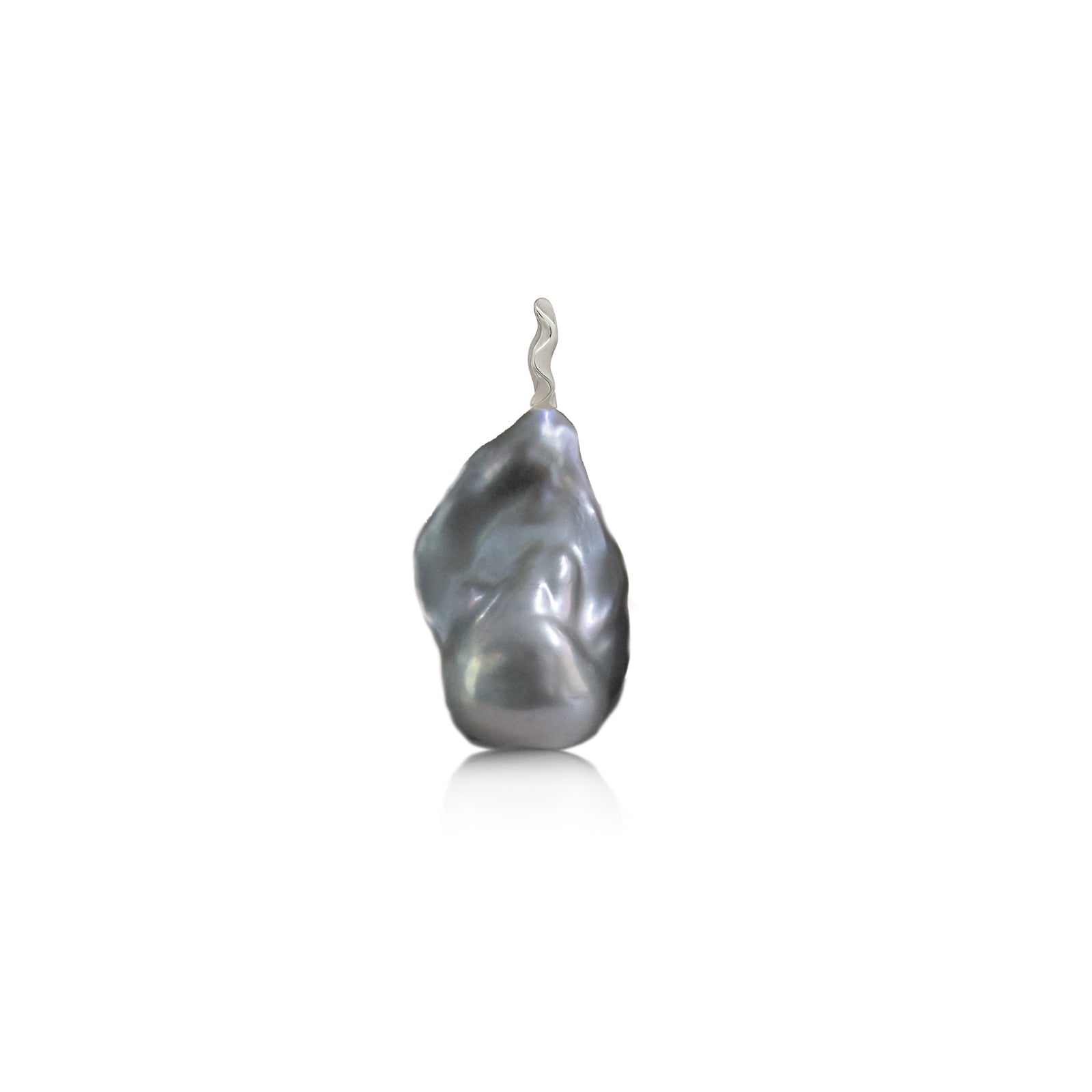 A silvery grey baroque pearl on a white background with a unique 14k white gold ripple bale.