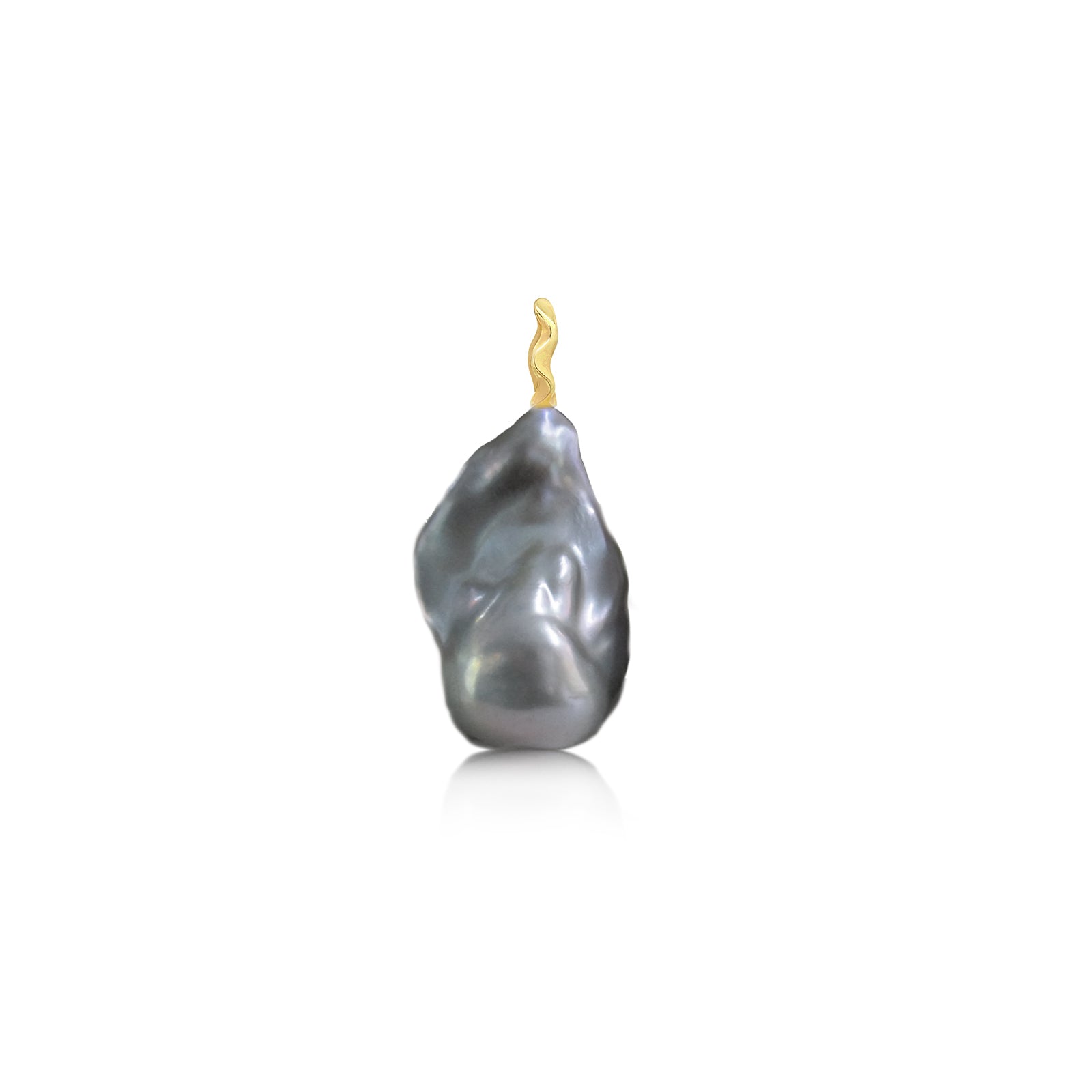 A silvery gray Baroque Pearl Charm with a unique recycled 14K yellow gold ripple bale.