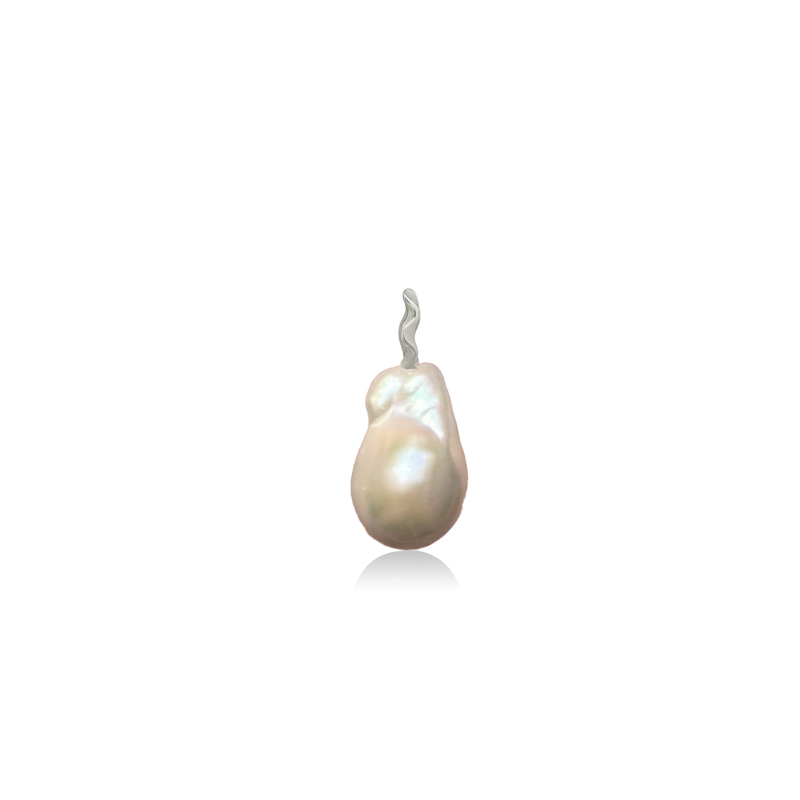 Medium sized white baroque pearl charm with a white gold ripple bale on a white background.