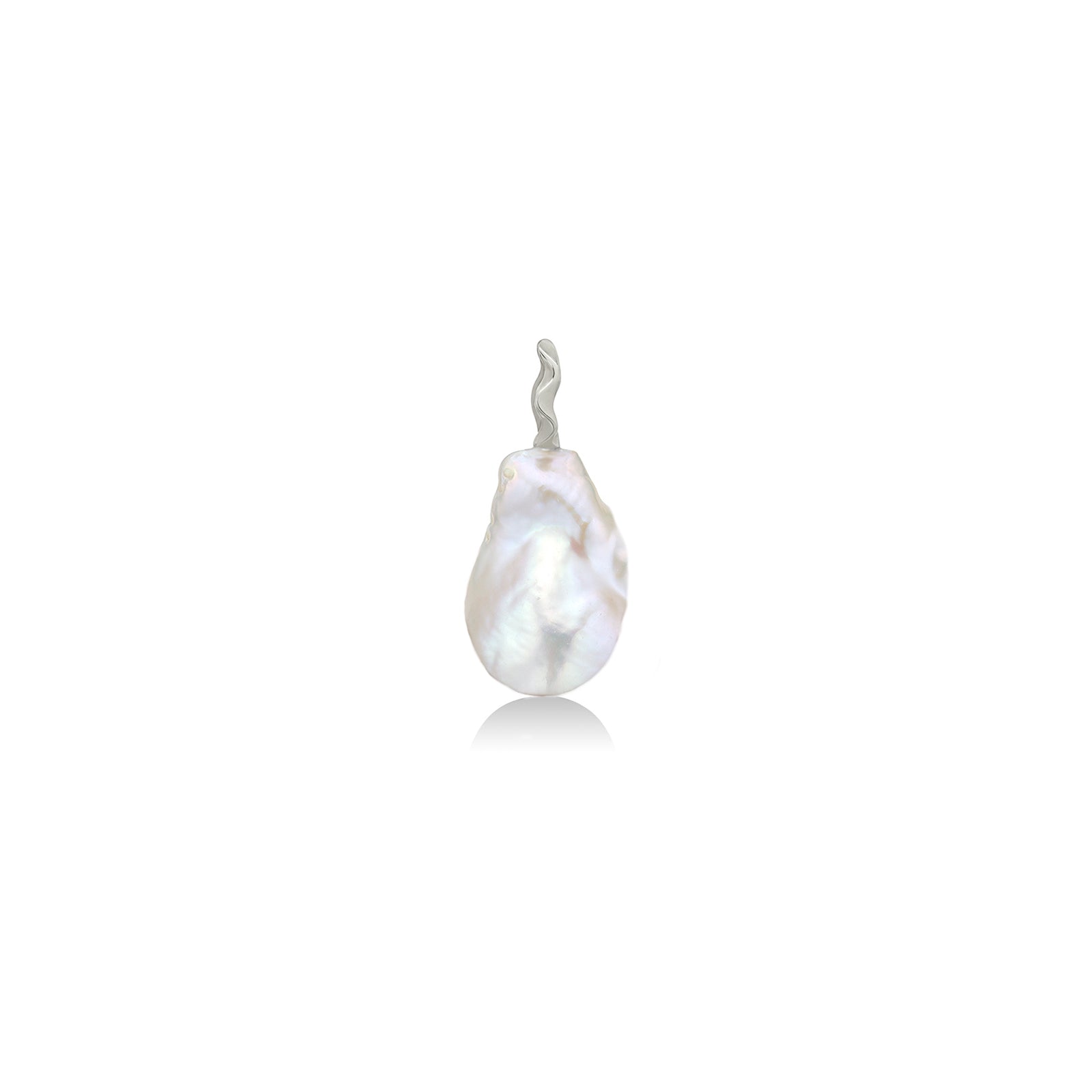 AMANDA PEARL medium sized baroque pearl charm on recycled 14k white gold ripple bale on a white background.