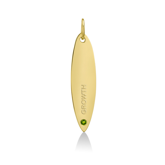14k gold surfboard charm lock with GROWTH engraved and peridot