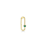 Paperclip charm lock in recycled 14k yellow gold with a round faceted cultivated emerald on a white background. 