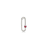 Paperclip charm lock in recycled 14k white gold with a round faceted ruby on a white background. 
