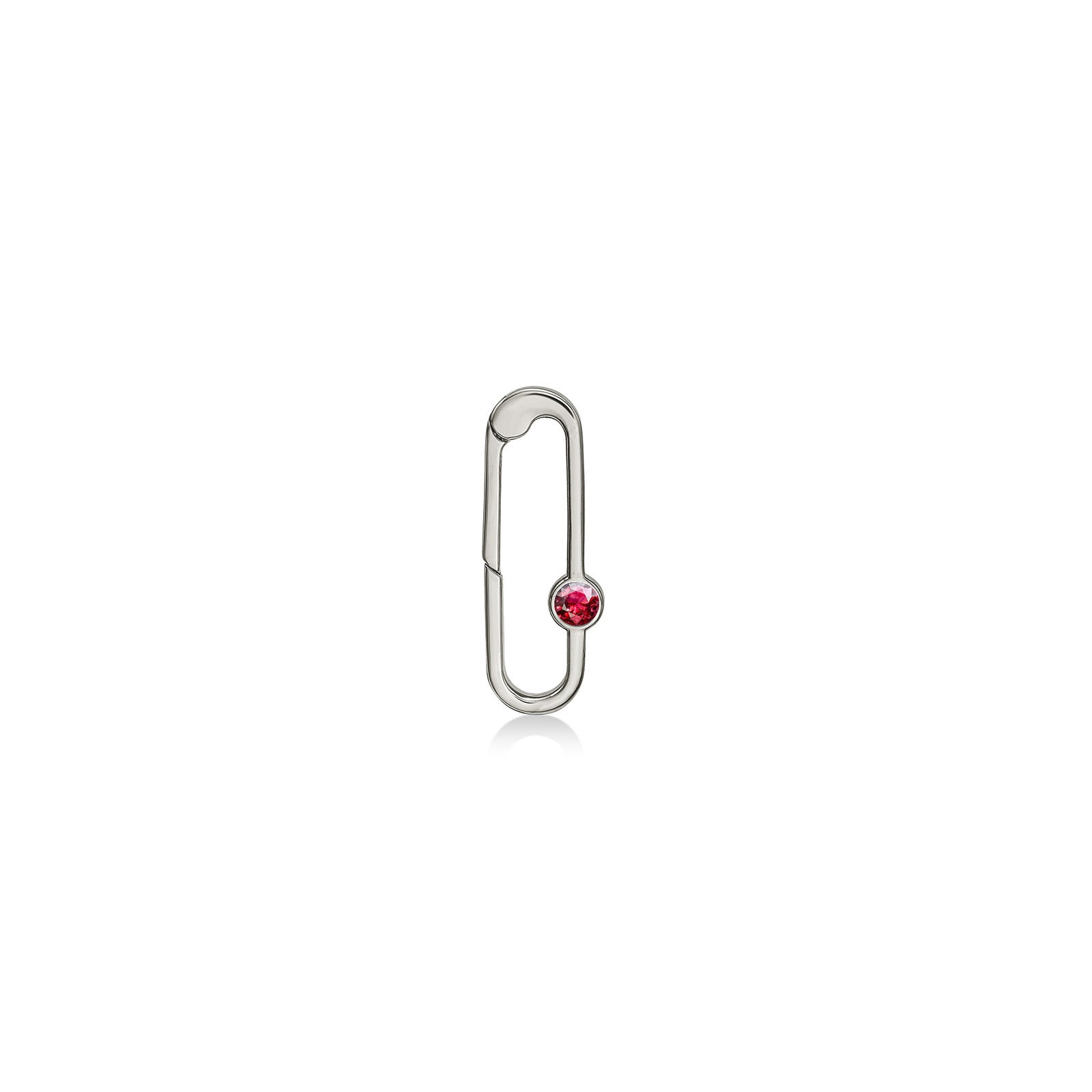 Paperclip charm lock in recycled 14k white gold with a round faceted ruby on a white background. 