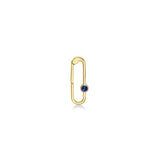 Paperclip charm lock in recycled 14k yellow gold with a round faceted cultivated sapphire on a white background. 