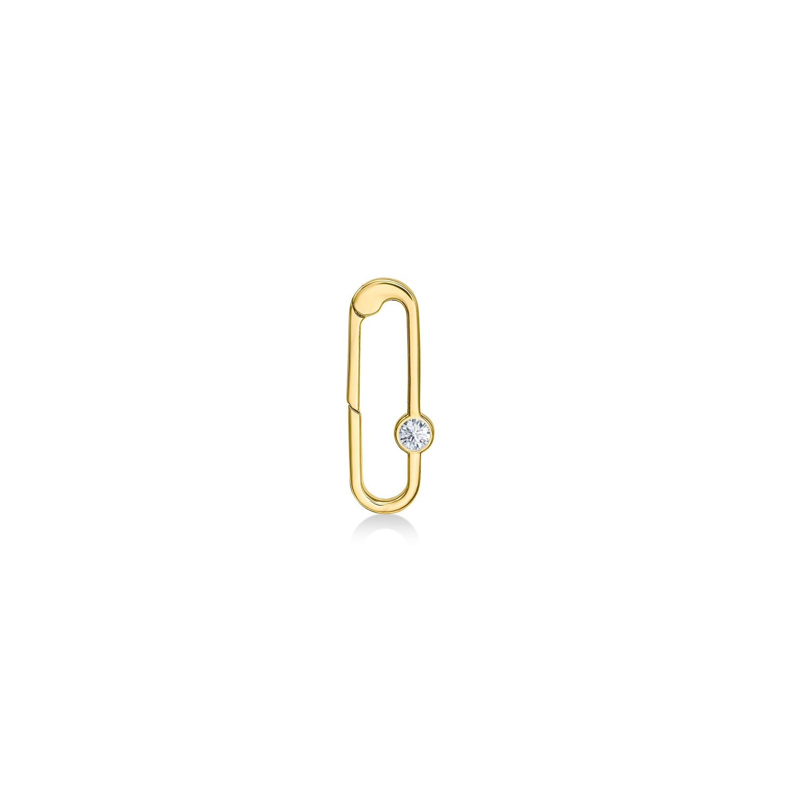 14k gold paperclip charm lock with diamond on a white background