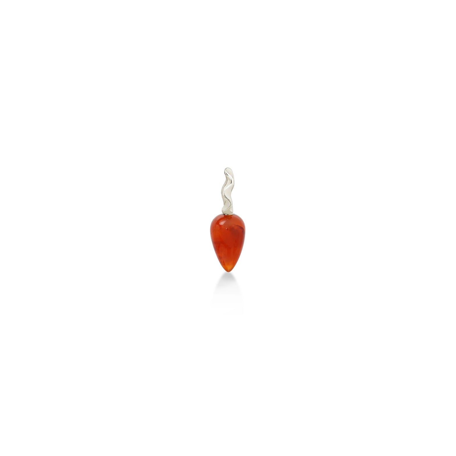 AMANDA PEARL carnelian drop charm with recycled sterling silver ripple bale on a white background.