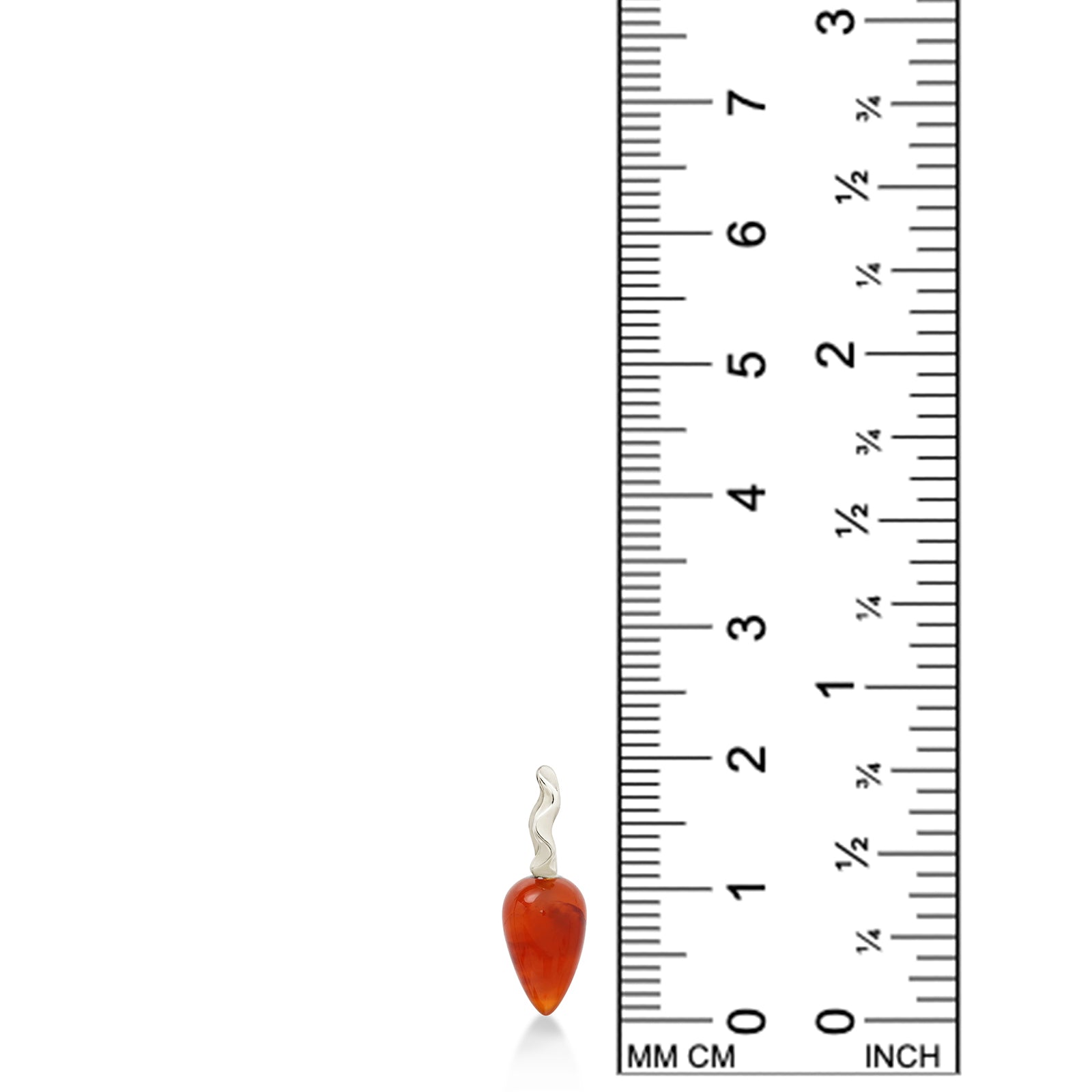 AMANDA PEARL carnelian drop charm with recycled sterling silver ripple bale on a white background next to a ruler.