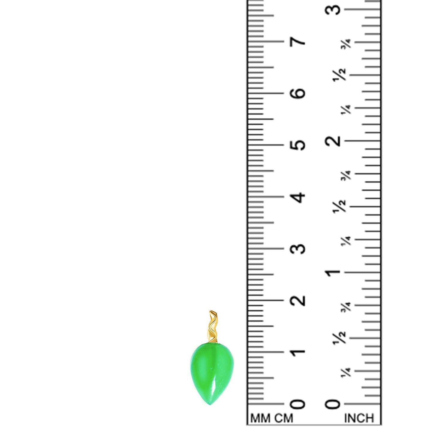 Chrysoprase acorn drop charm with green tones with 14k gold ripple bale on a white background with a ruler, measuring 18mm tall