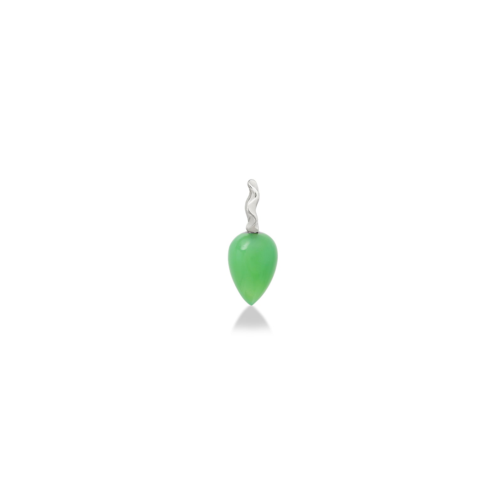 AMANDA PEARL chrysoprase drop charm with recycled sterling silver ripple bale on a white background.