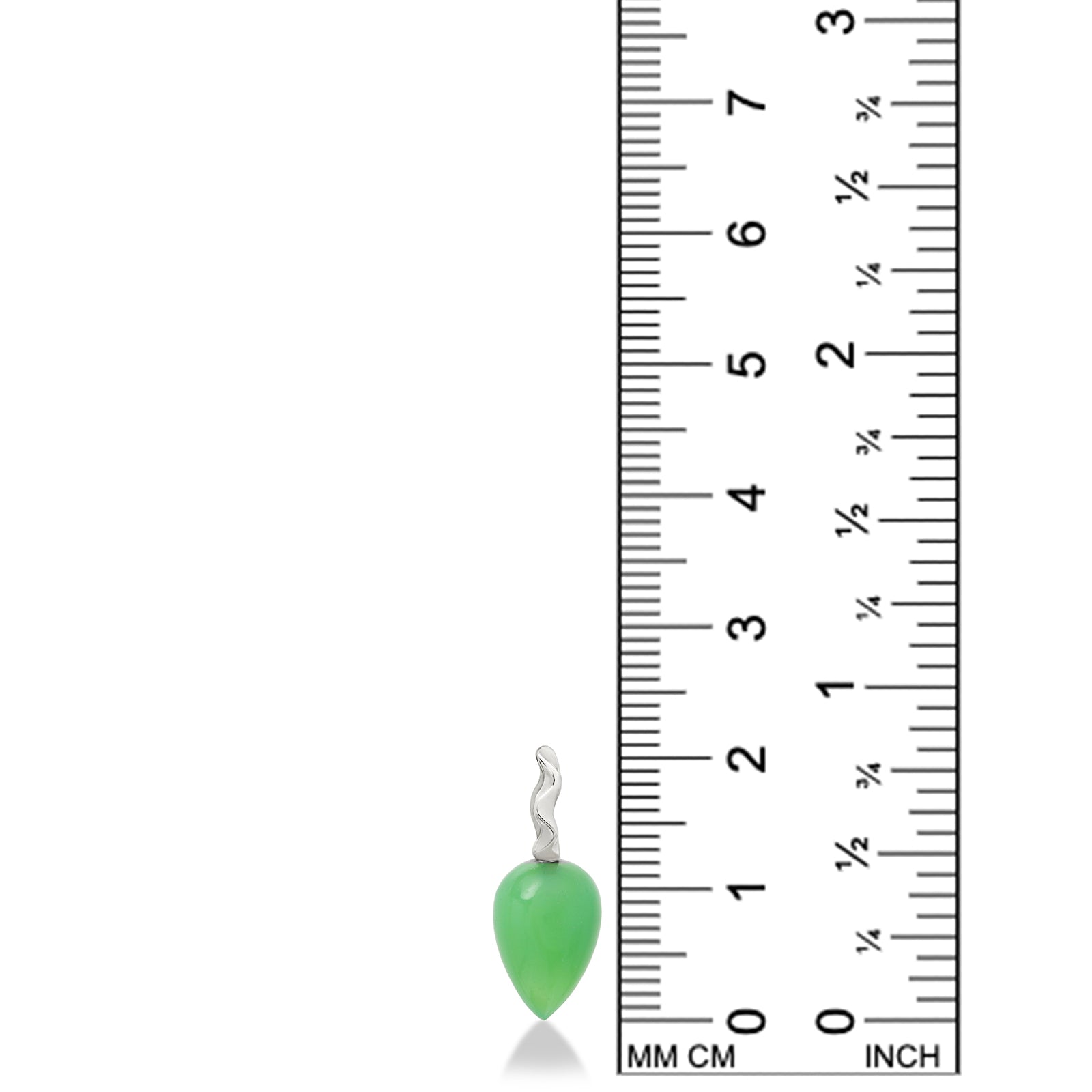 AMANDA PEARL chrysoprase drop charm with recycled sterling silver ripple bale on a white background next to a ruler.