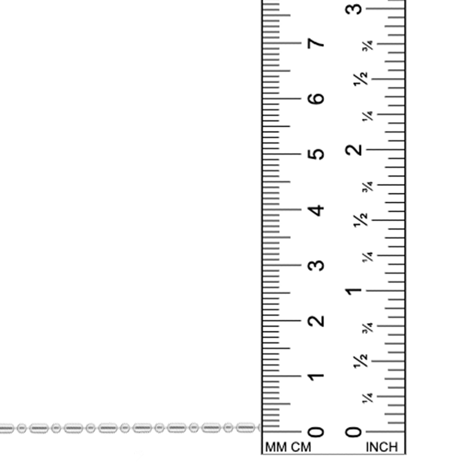 AMANDA PEARL Cylinder and bead chain in recycled sterling silver on a white background next to a ruler.