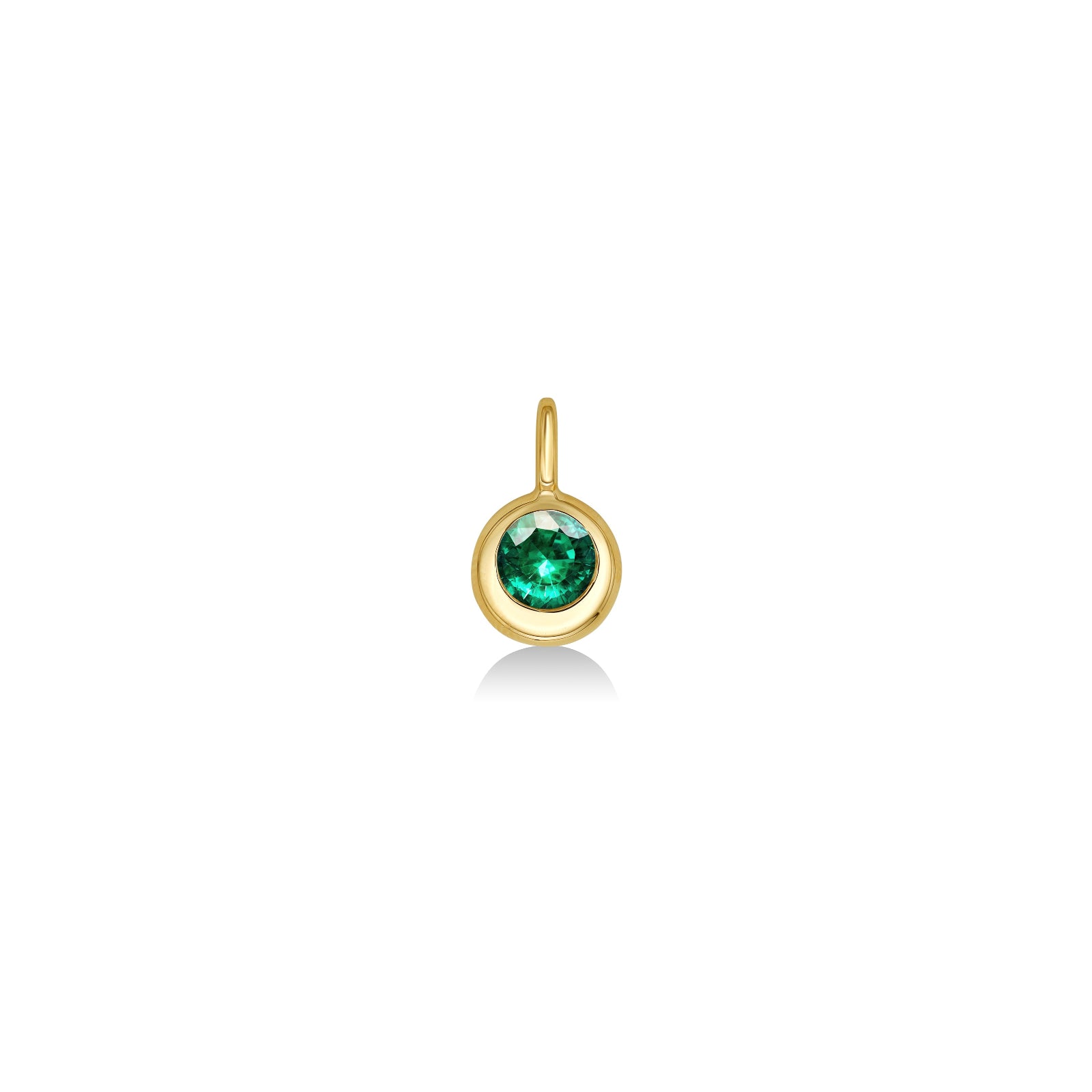 Molten Solitaire Charm in 14k yellow gold with a cultivated emerald. 