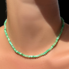 AMANDA PEARL Faceted Chrysoprase Necklace on Sterling Silver Evolution Clasp on a model's neck.