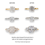 Before and after comparison of diamond rings with a gentle cleaning solution.