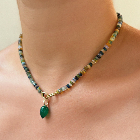 Green Onyx Acorn Drop Charm with 14K recycled gold bale with ripple detail styled on a multicolored opal necklace