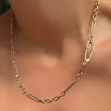 6mm Irregular Cable Chain Necklace with paperclip charm lock with diamond on a model's neck
