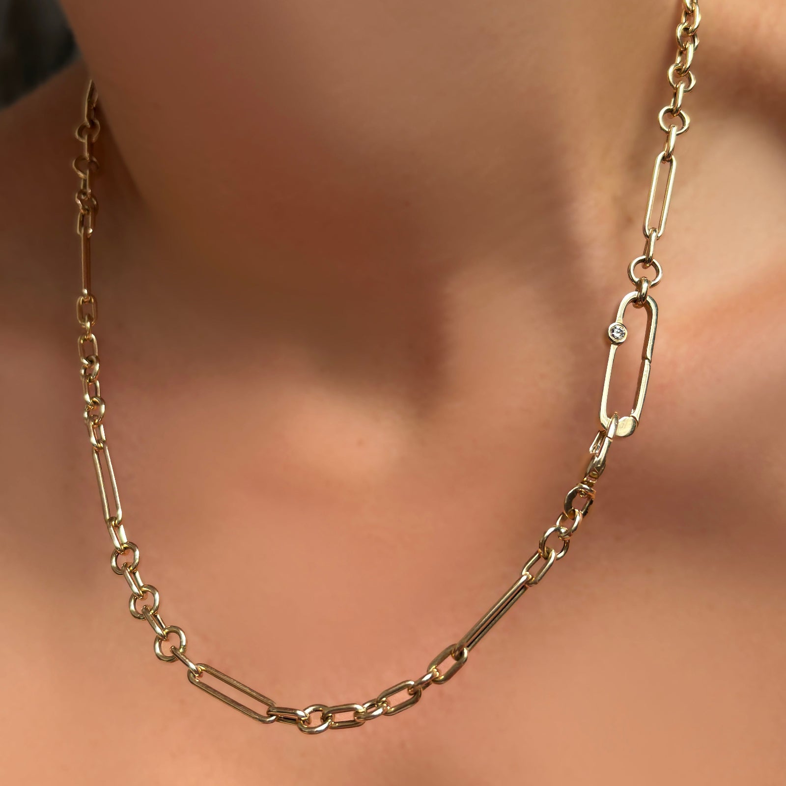 6mm Irregular Cable Chain Necklace with paperclip charm lock with diamond on a model's neck
