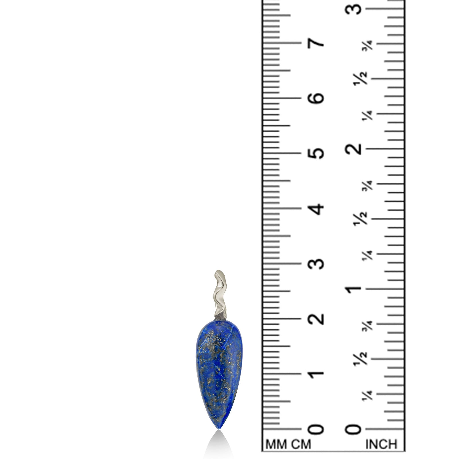 Long Lapis Drop Charm with white gold ripple bale on a white background next to a ruler.