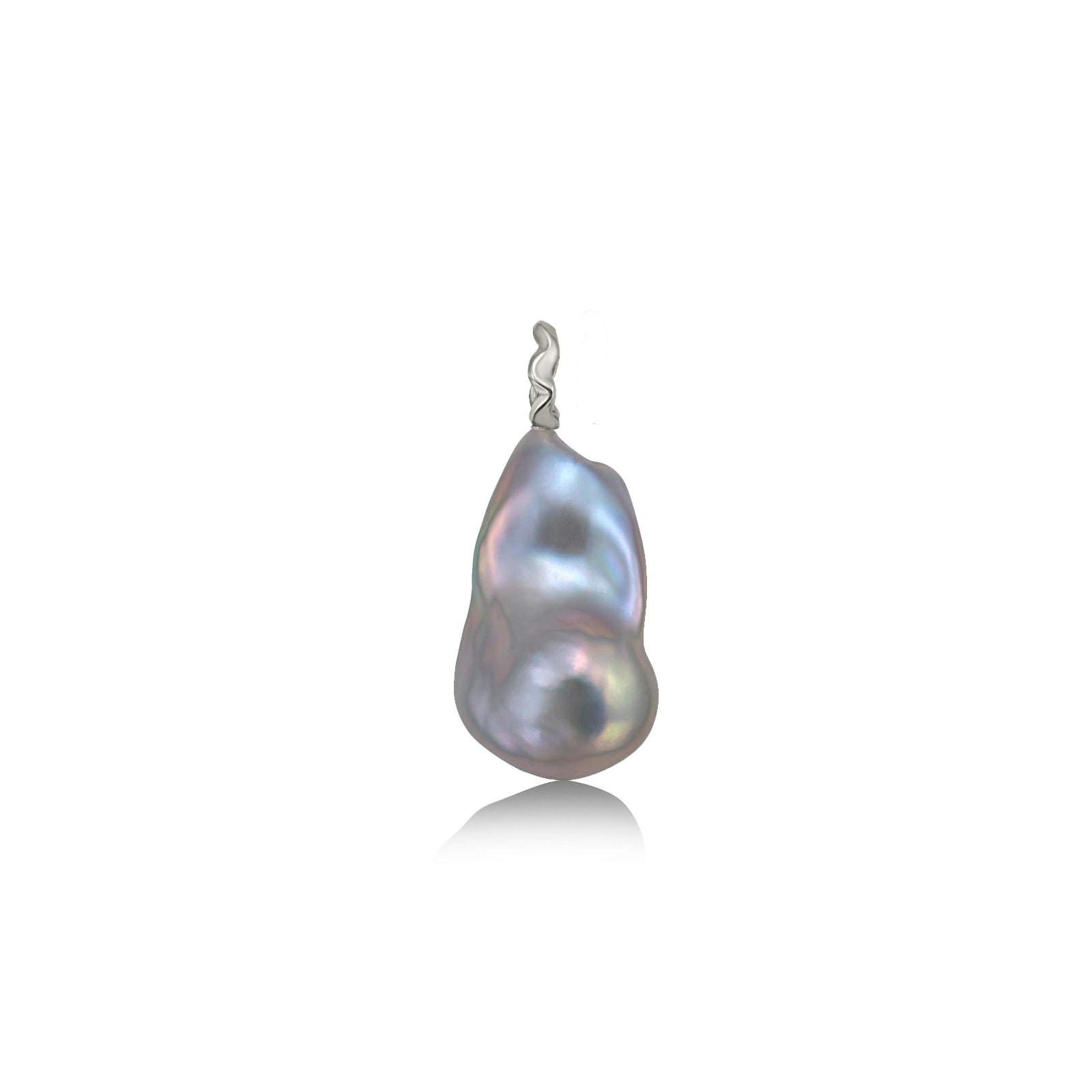 Pale grey baroque pearl with a white gold ripple bale on a white background.