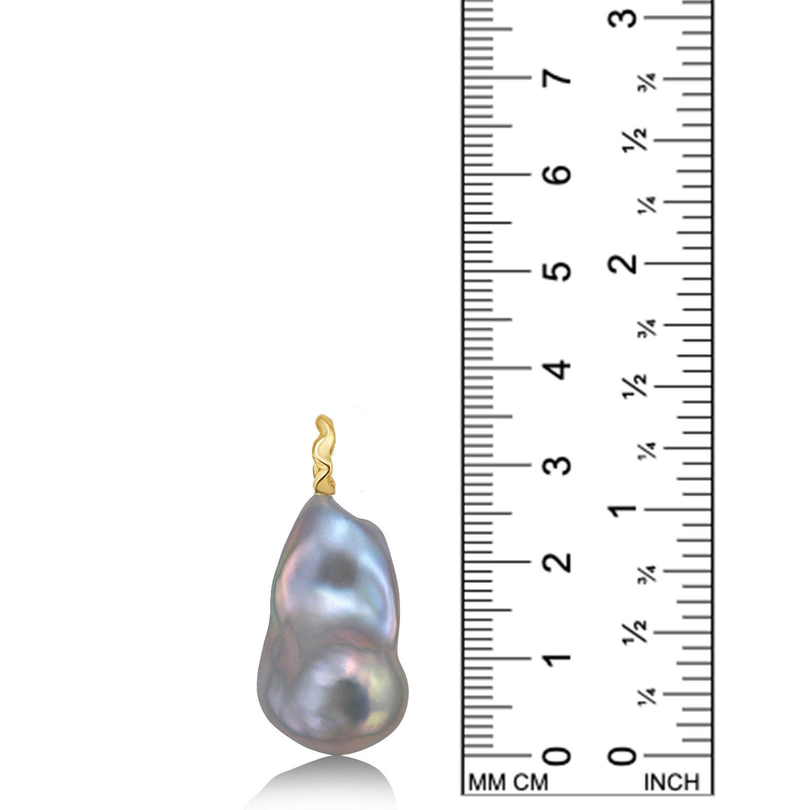 AMANDA PEARL Pale grey baroque pearl with a yellow gold ripple bale on a white background next to a ruler.