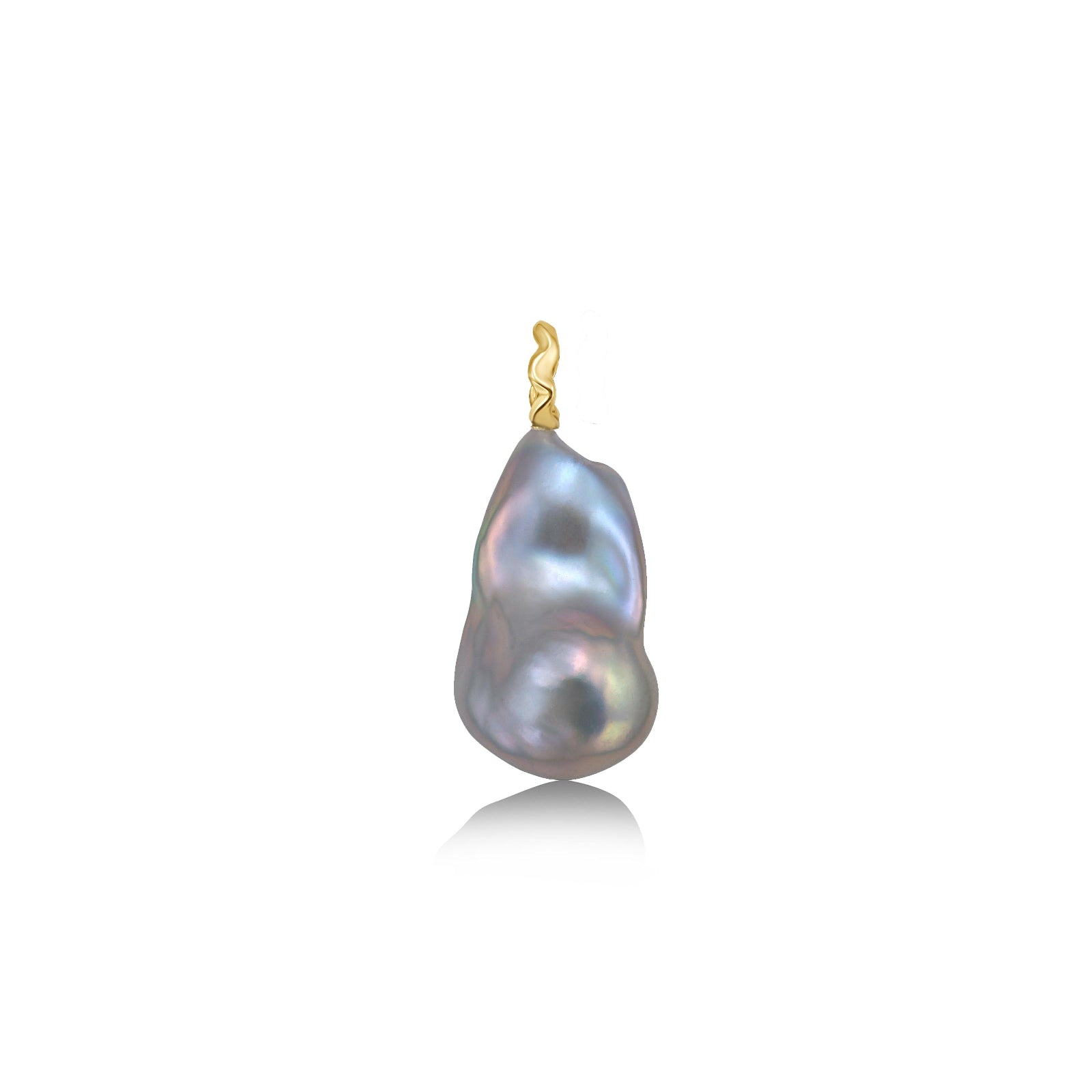 Pale grey baroque pearl with a yellow gold ripple bale on a white background.
