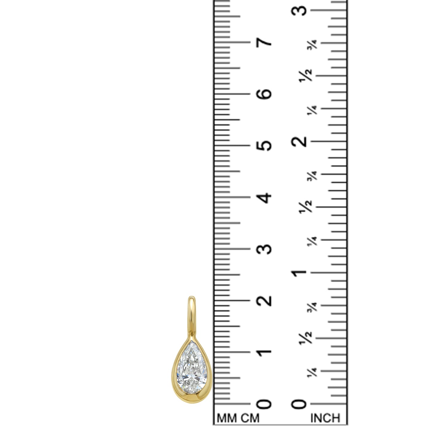 14K Recycled Gold Molten Solitaire Charm in Pear on a white background with ruler measuring 21mm tall