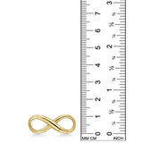 An AMANDA PEARL recycled 14k yellow gold infinity charm lock on a white background next to a ruler.