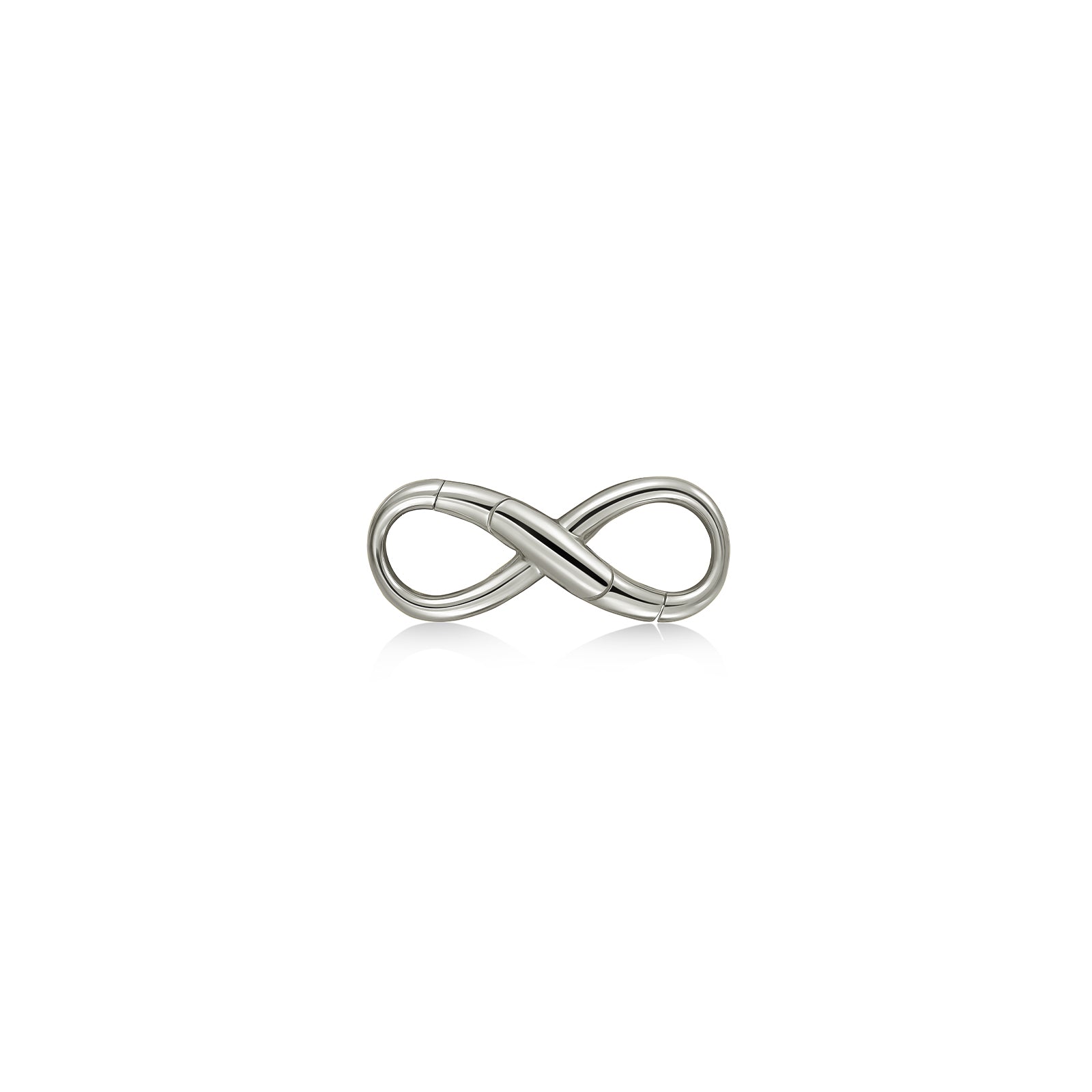 An AMANDA PEARL recycled 14k white gold infinity charm lock on a white background.