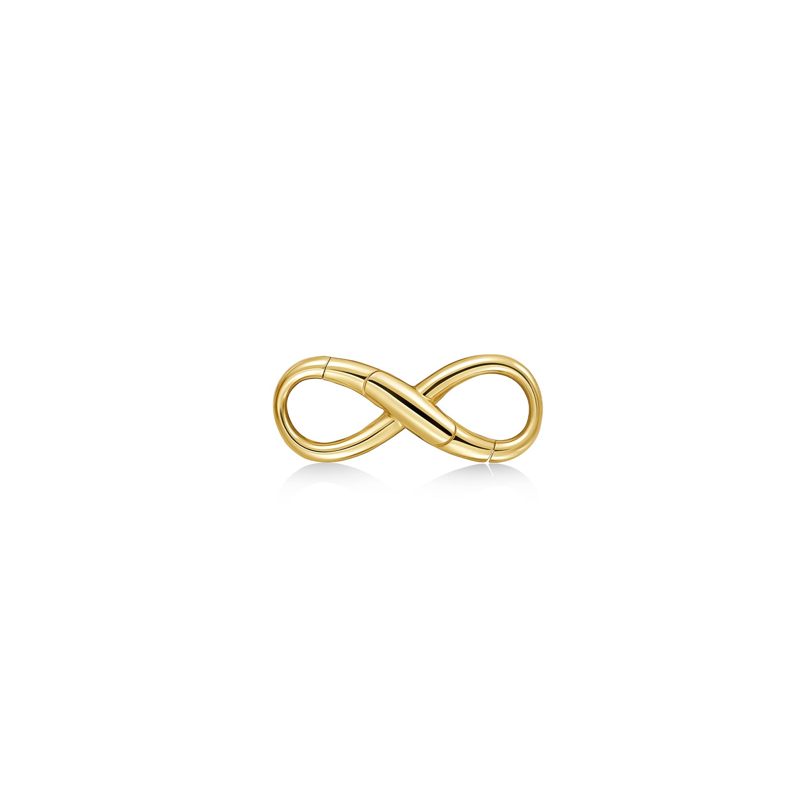 An AMANDA PEARL recycled 14k yellow gold infinity charm lock on a white background.