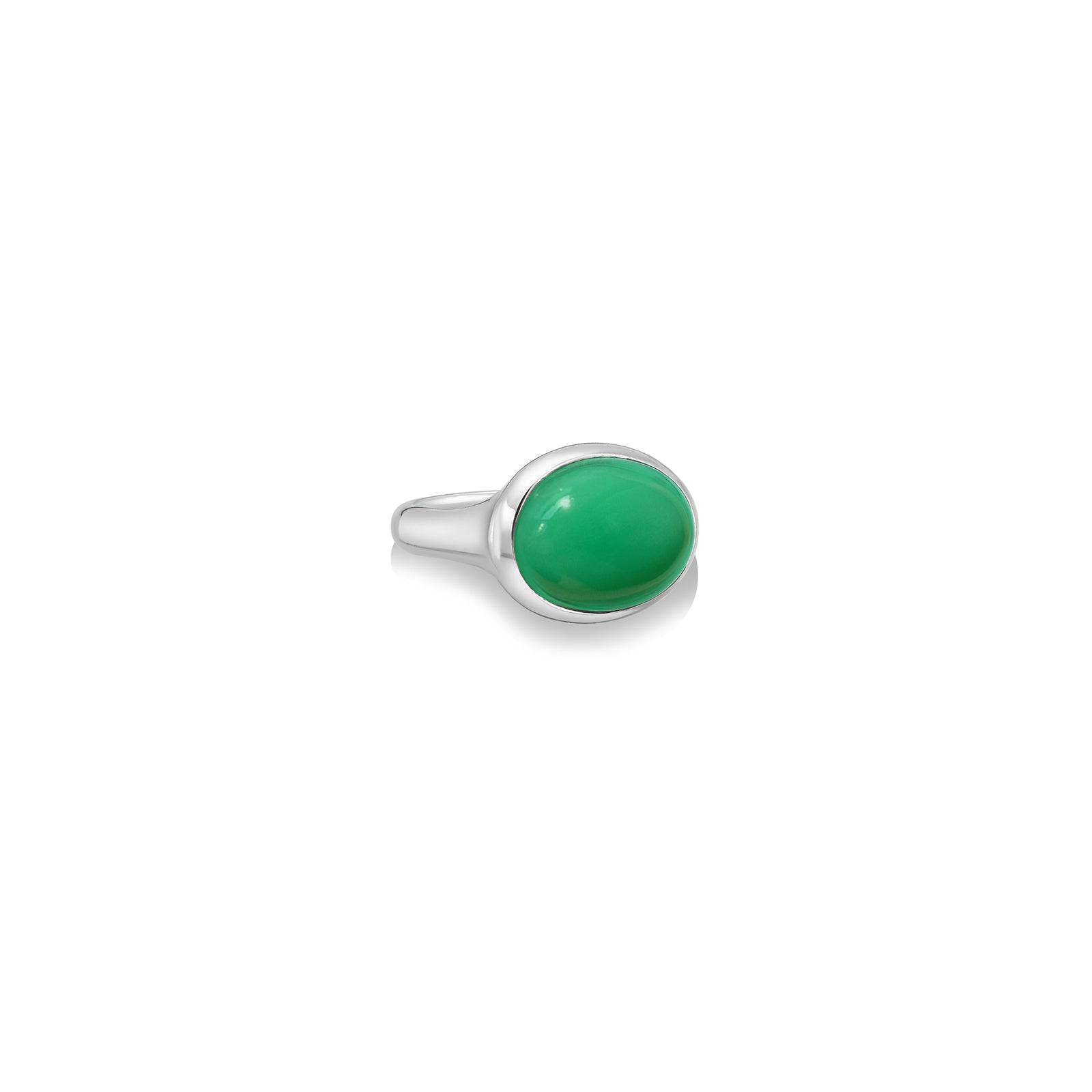 A molten pebble ring cast in recycled sterling silver with a chrysoprase stone from AMANDA PEARL sits on a white background with drop shadow.