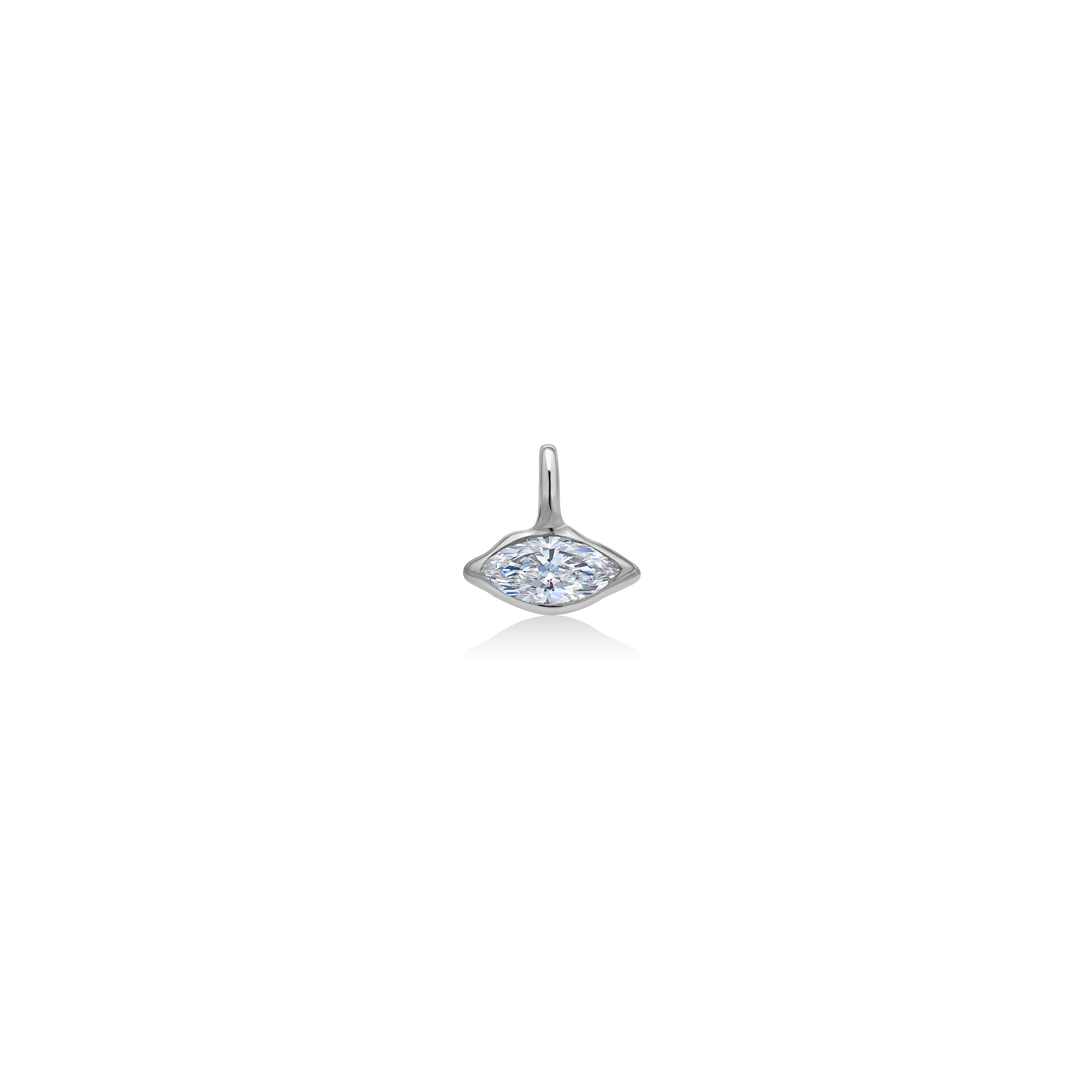 14K Recycled White Gold Molten Marquise Solitaire Charm with Diamond on a white background 