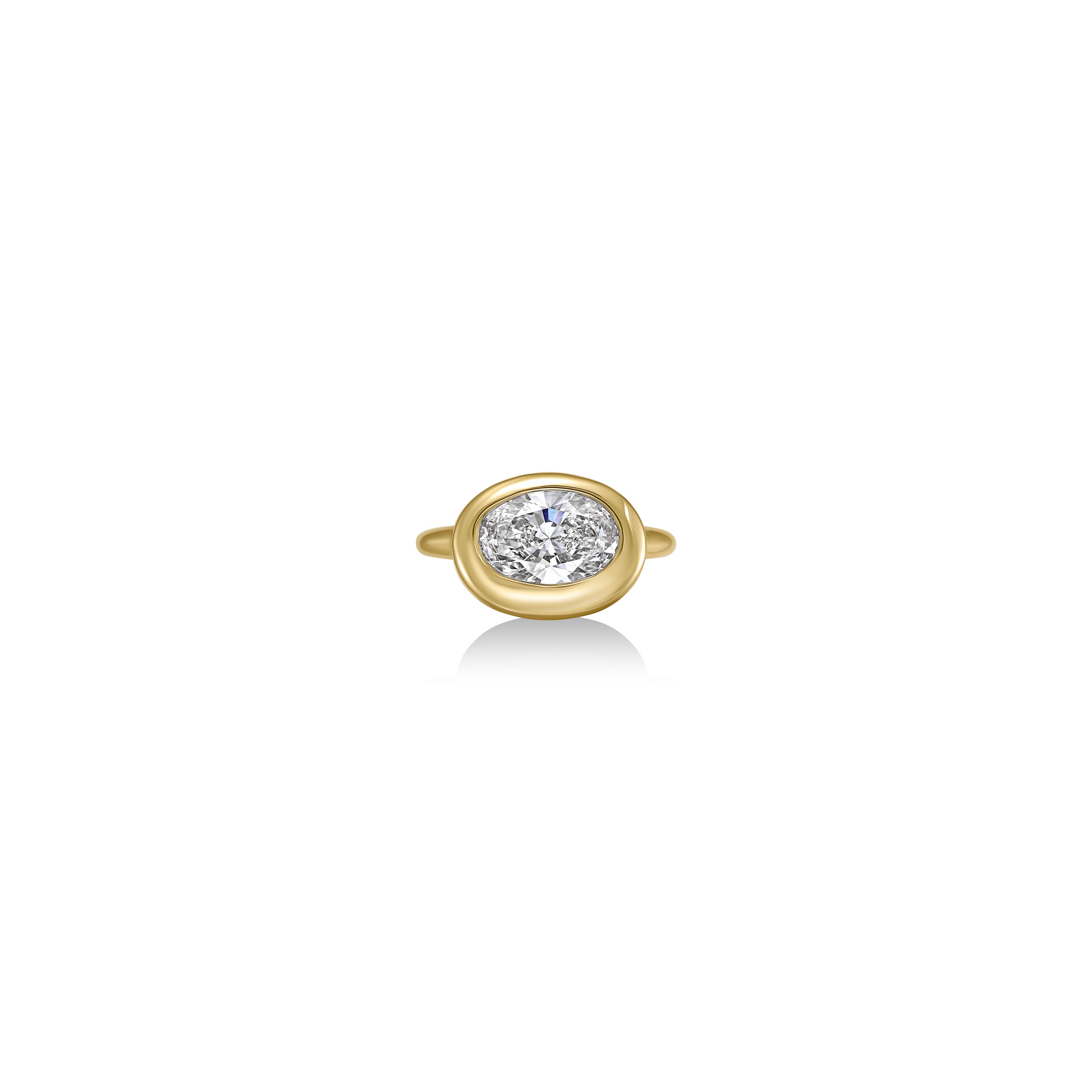 front view oval molten diamond solitaire ring in yellow gold against a white background