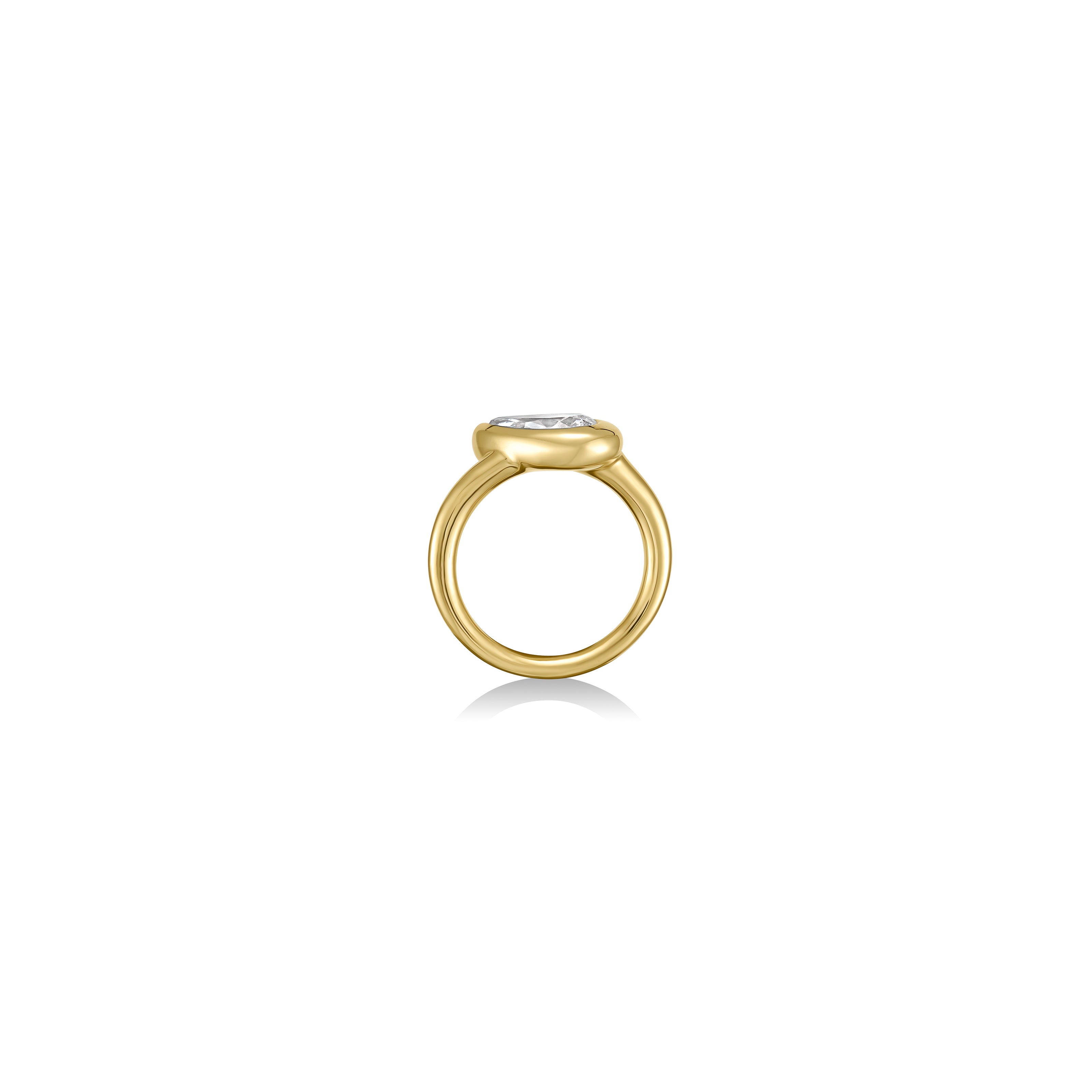 Side view of Molten Solitaire Ring with Pear Diamond in yellow gold against a white background