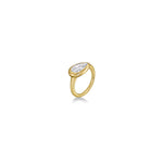 Tilt view of Molten Solitaire Ring with Pear Diamond in yellow gold against a white background
