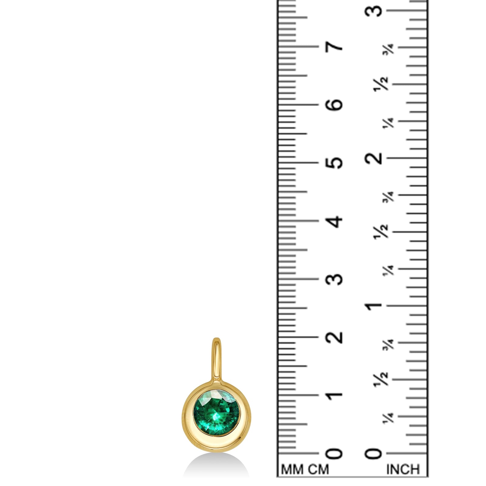 Molten Solitaire Charm in 14k yellow gold with a cultivated emerald, set against a ruler showing a height of 20mm. 