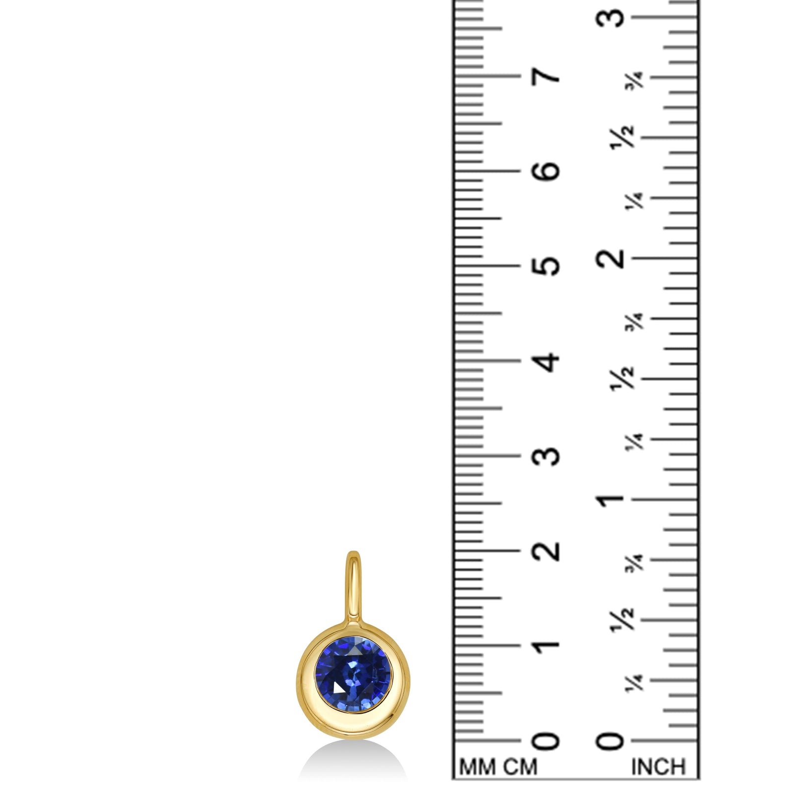 Molten Solitaire Charm in 14k yellow gold with a lab grown sapphire, set against a ruler showing a height of 20mm.
