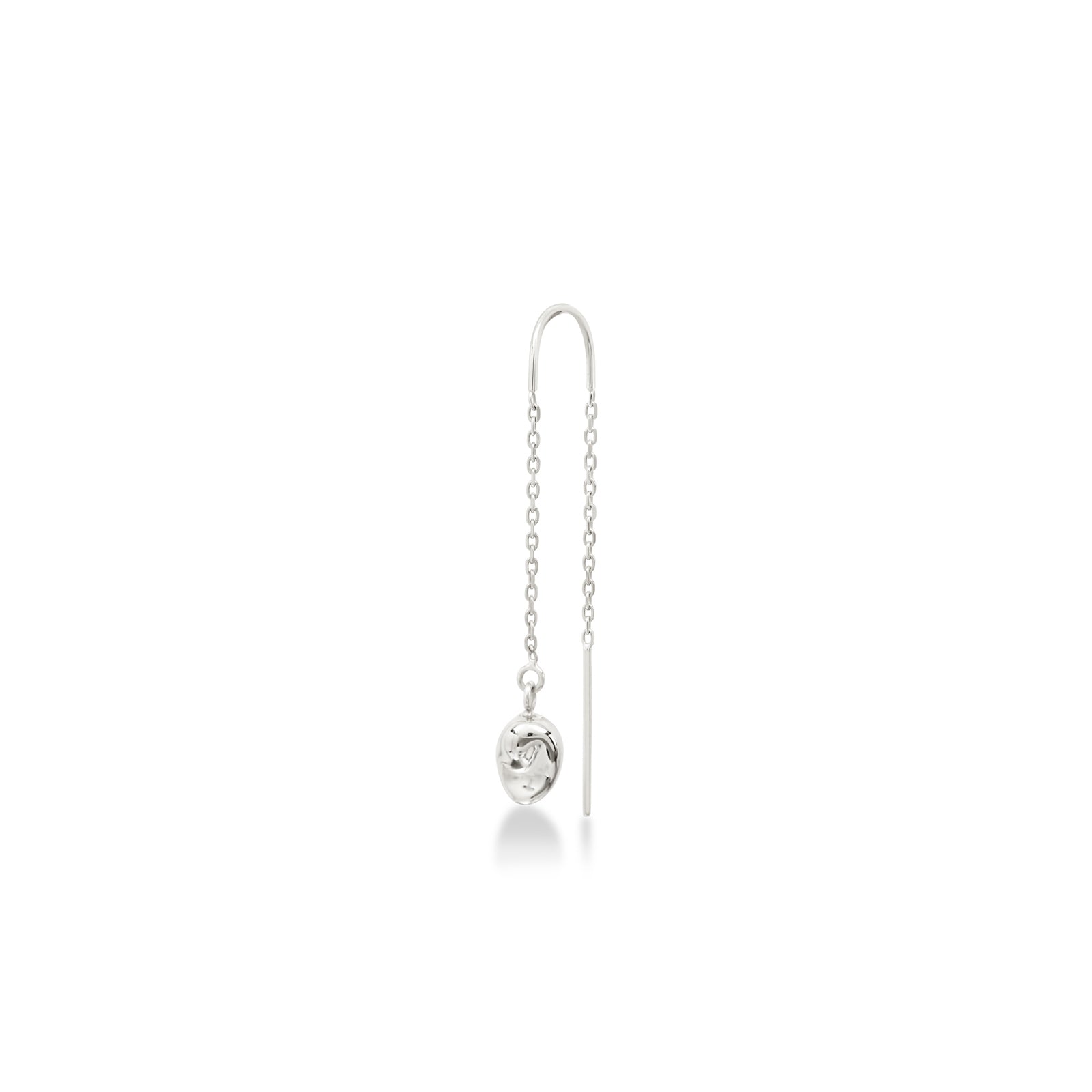 An AMANDA PEARL molten Droplet earring cast in recycled sterling silver on a white background with drop shadow.