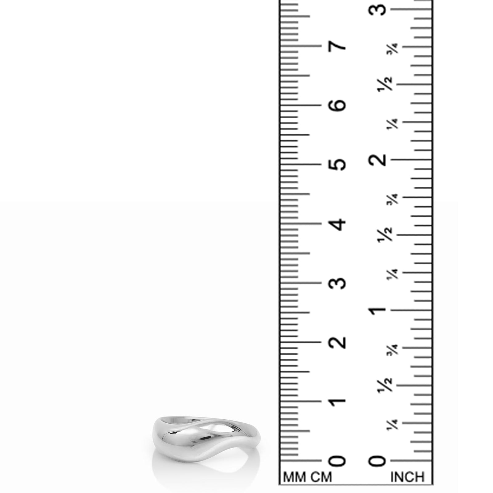 AMANDA PEARL Molten Ring in recycled sterling silver on a white background next to a ruler.