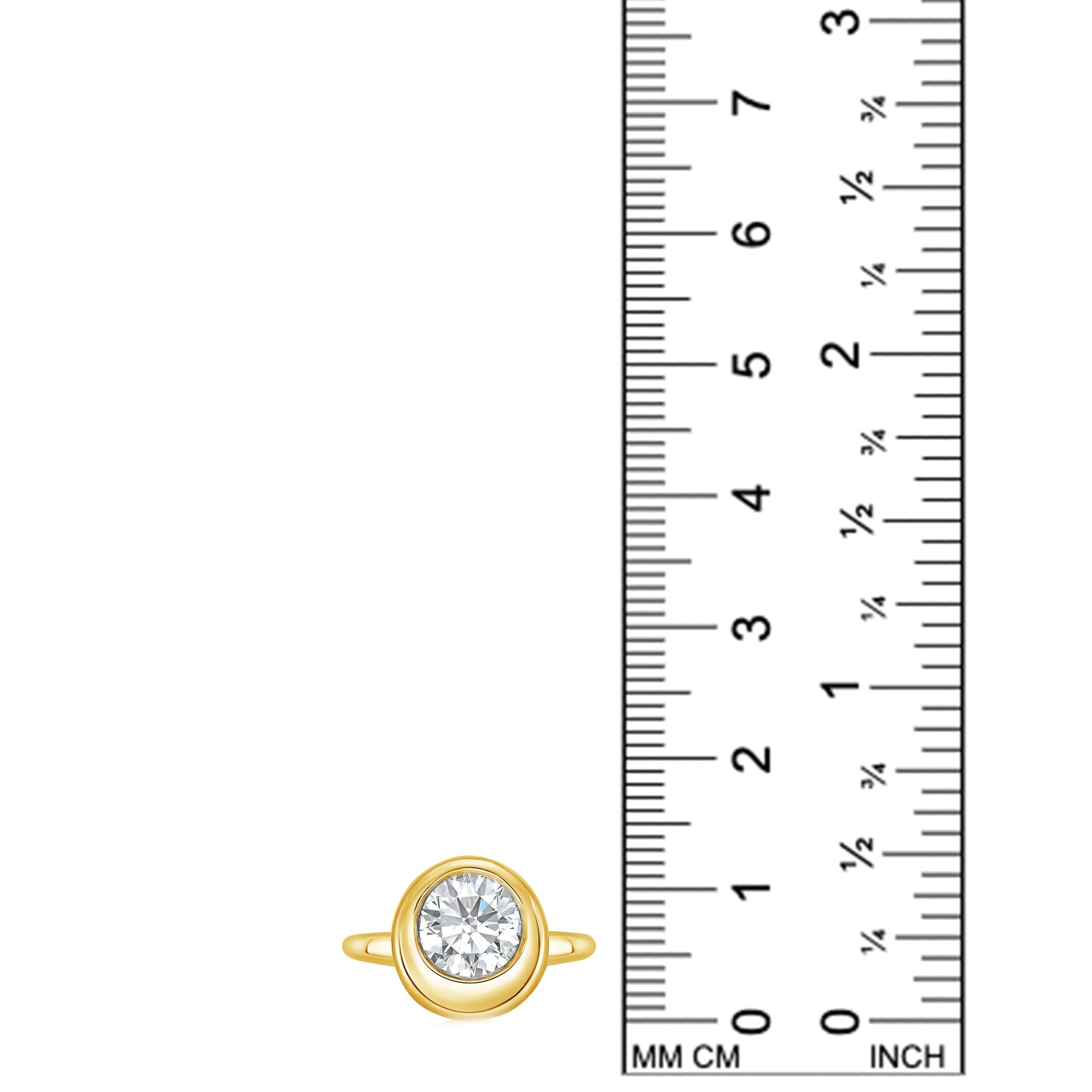 front view of round molten solitaire ring in yellow gold against a white background next to a ruler