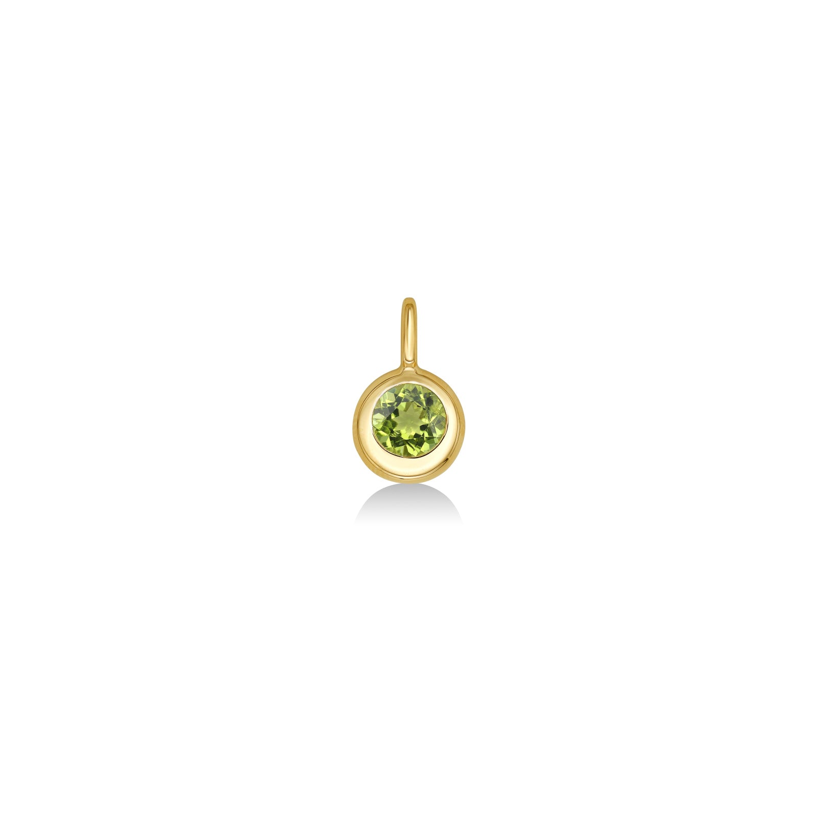 Molten Solitaire Charm in recycled 14k yellow gold with a peridot on a white background.