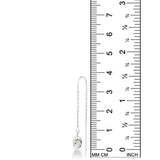 An AMANDA PEARL molten droplet threader earring cast in recycled sterling silver against a ruler showing its height to be 38mm high.