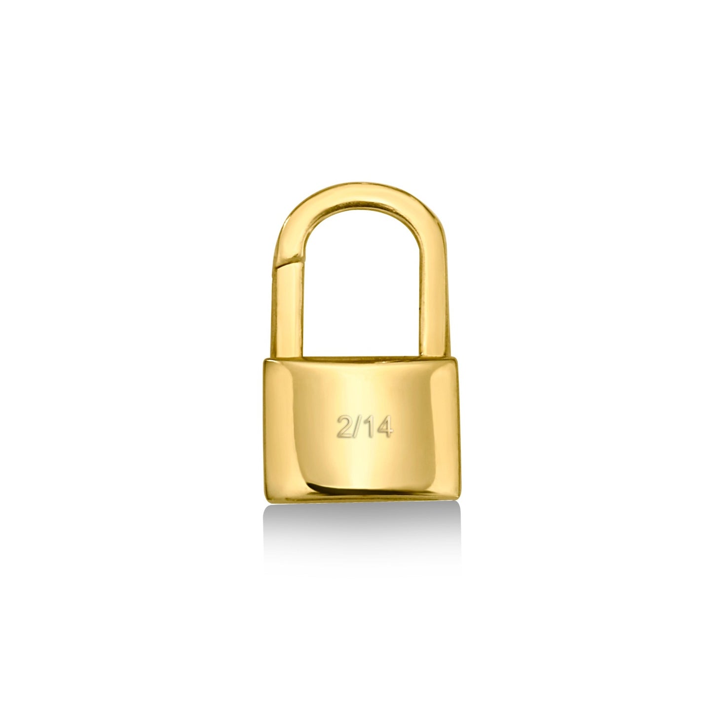 14k yellow gold padlock charm with 2/14 engraved.