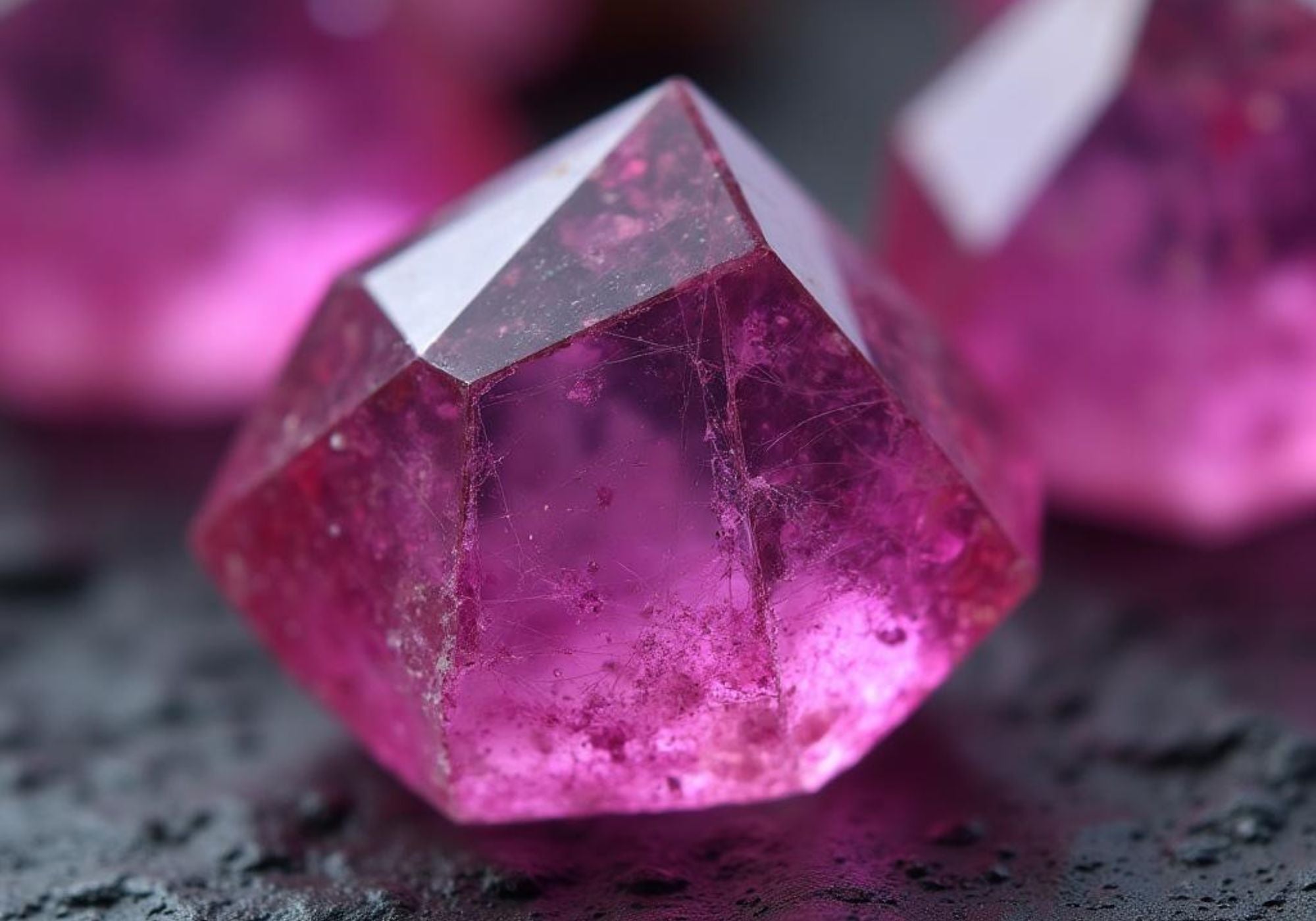 A close-up of a faceted pink gemstone with a geometric, multi-pointed shape, resting on a dark textured surface with other blurred pink stones in the background.