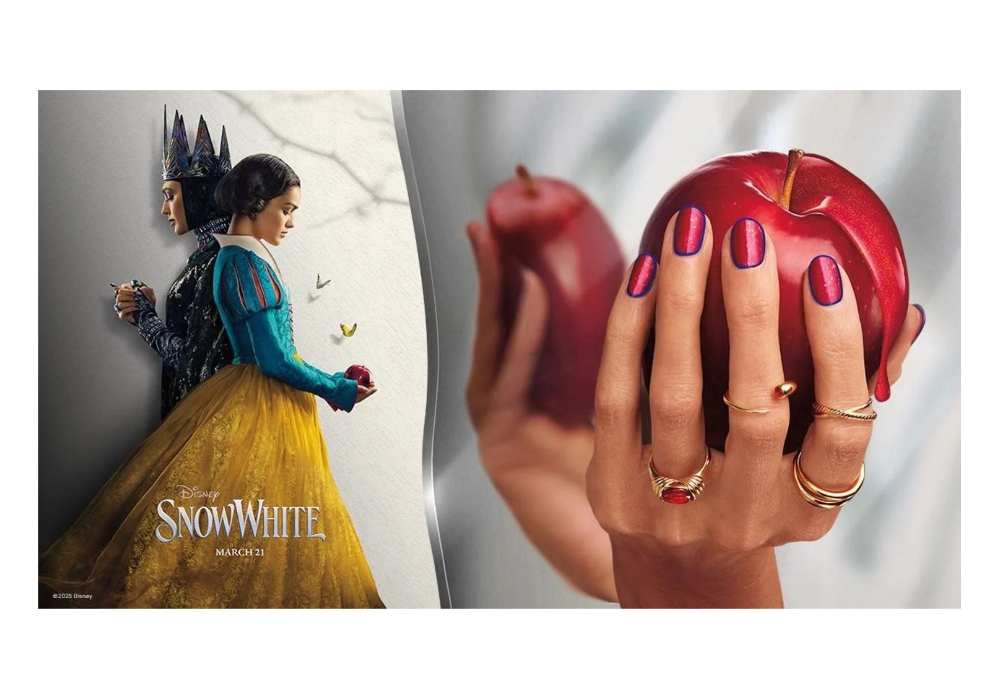 Essie x Disney Snow White Nail Polish Campaign featuring an AMANDA PEARL Quill Bypass Ring with ruby on a hand holding an apple.