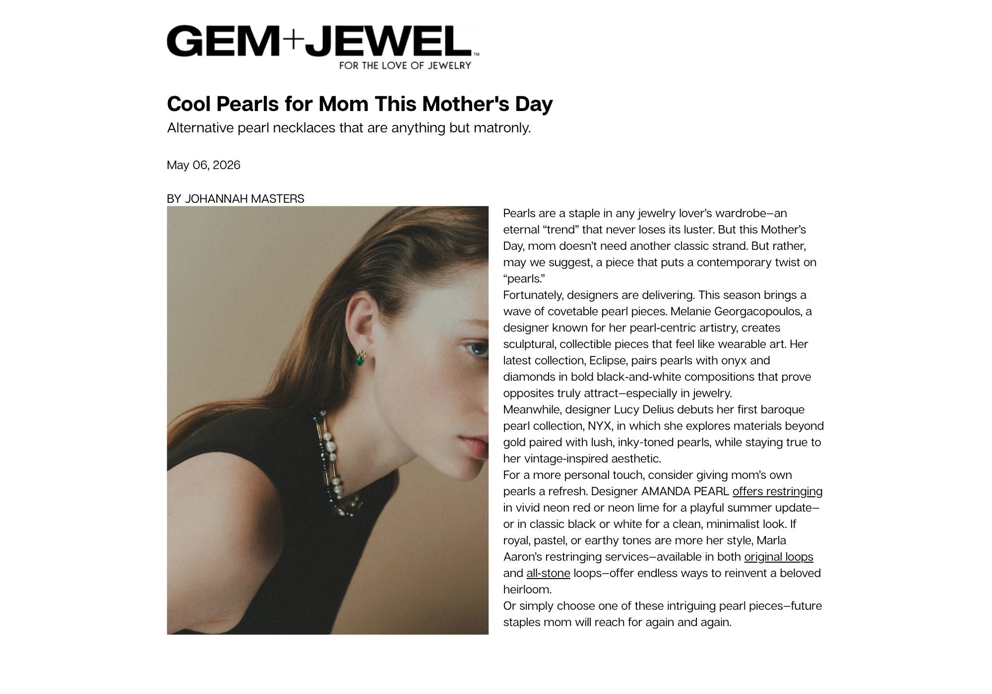AMANDA PEARL's "modernize your pearls" restringing service featured in Gem+Jewel: for the love of jewelry by Johannah Masters.